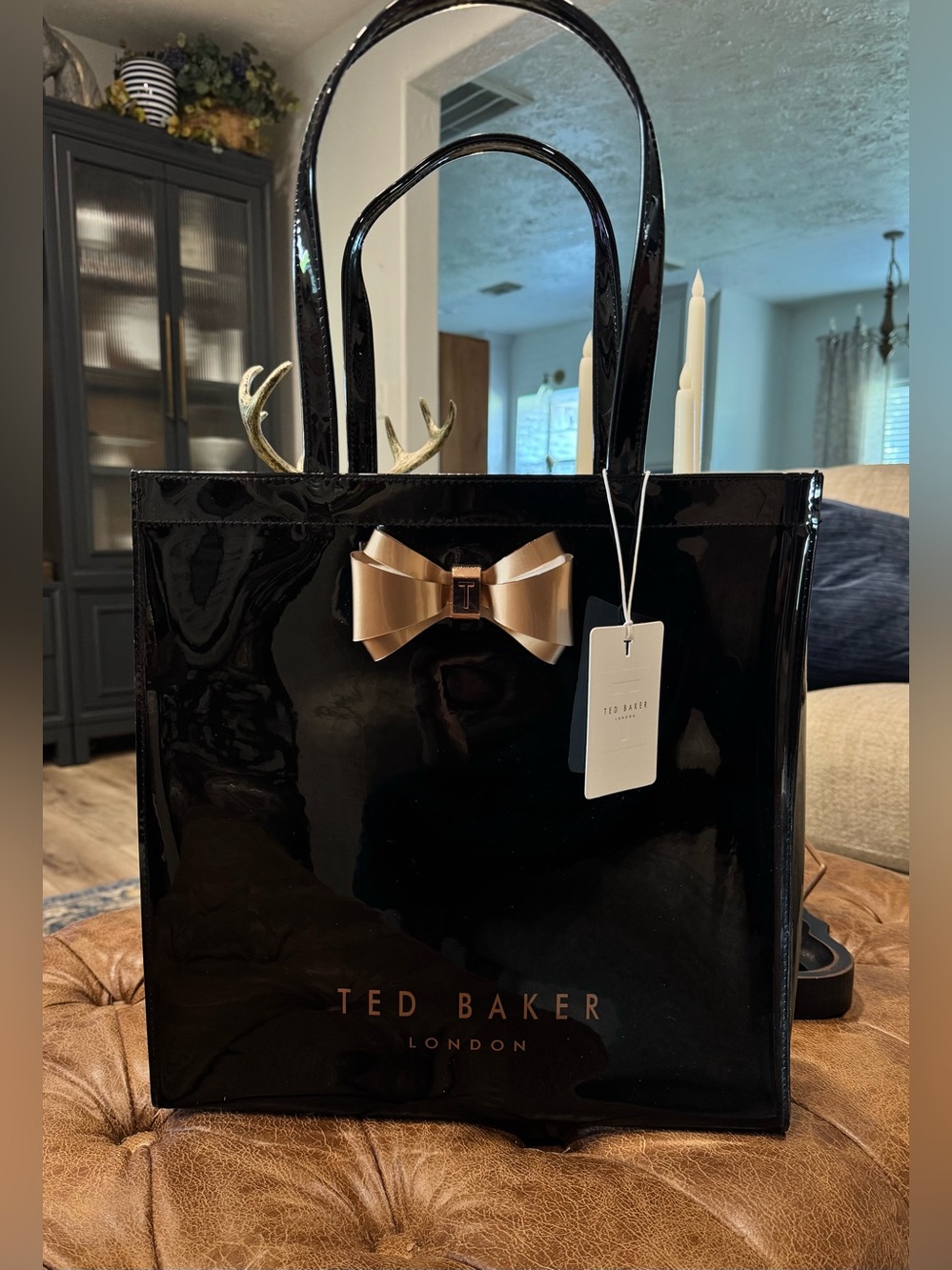 Ted Baker Black Patent Tote with Rose Gold Bow Accent NWT